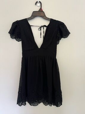 Forever 21 Black Eyelet V-Neck Tie-Back Mini Dress
